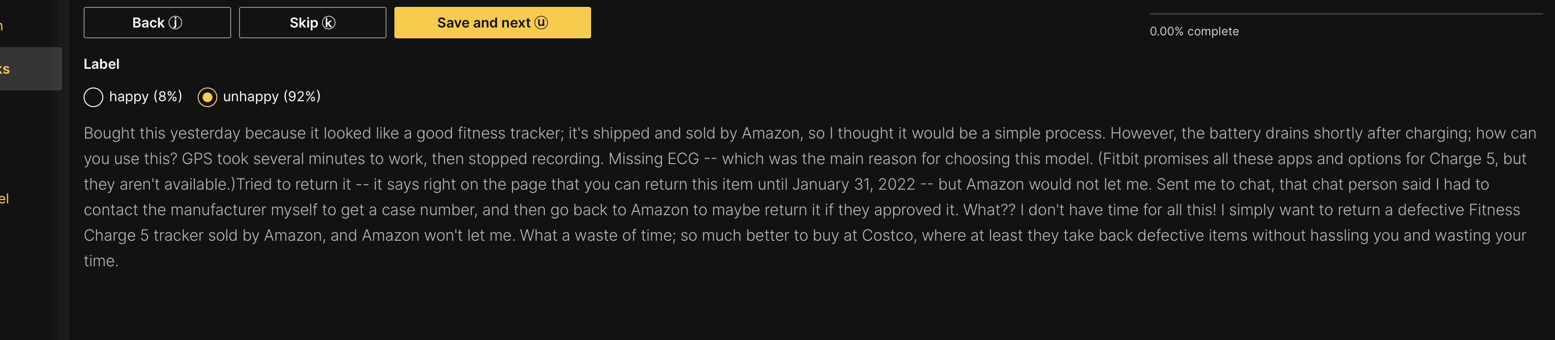 Annotated review with selection of Unhappy class