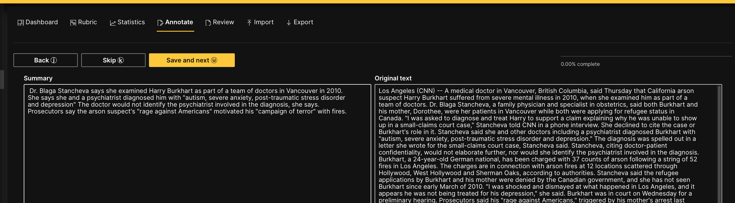 Annotation task progress with summary and text