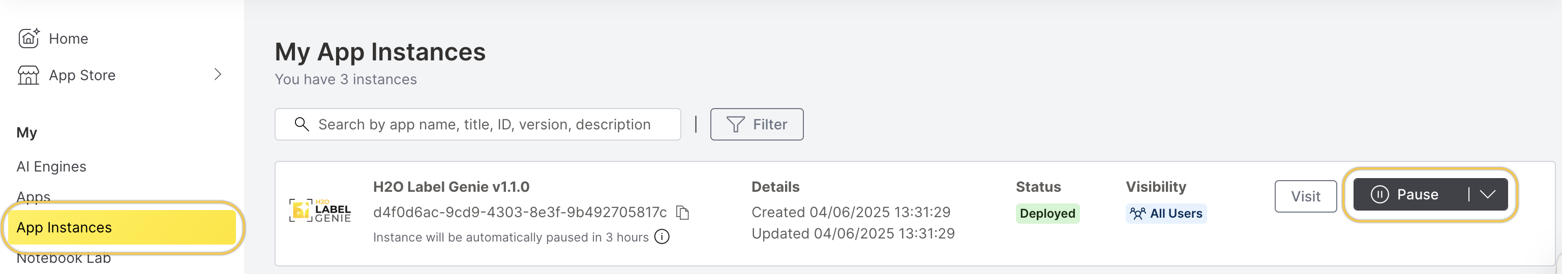 My Instances section and the pause button
