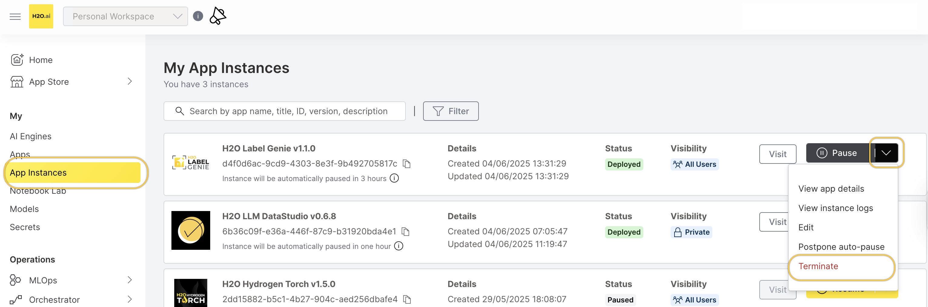 My Instances section and the pause button