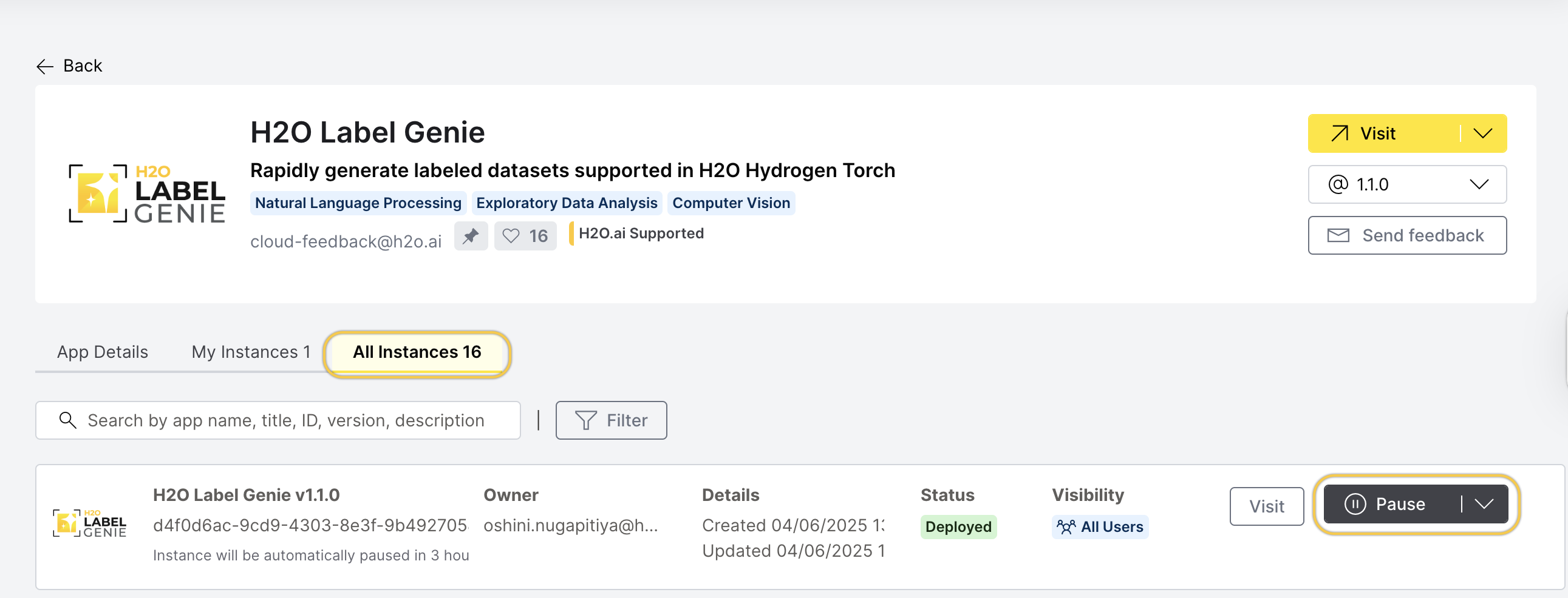 All instances section and the pause button