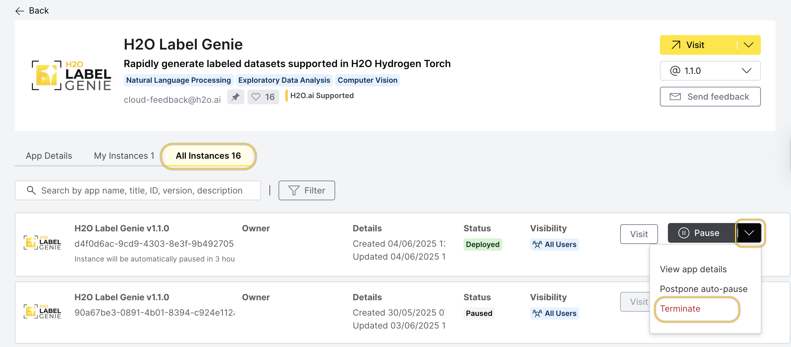 All instances section and the terminate button