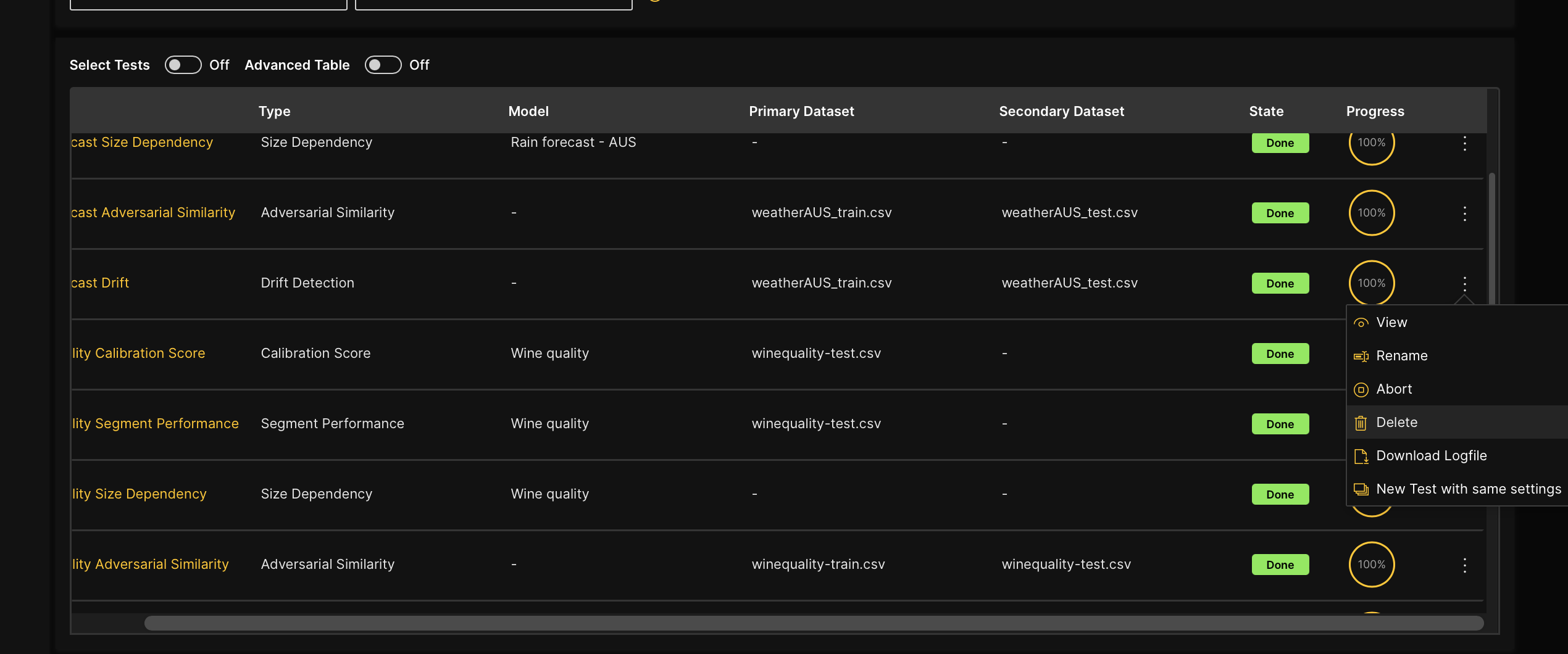 Delete a validation test